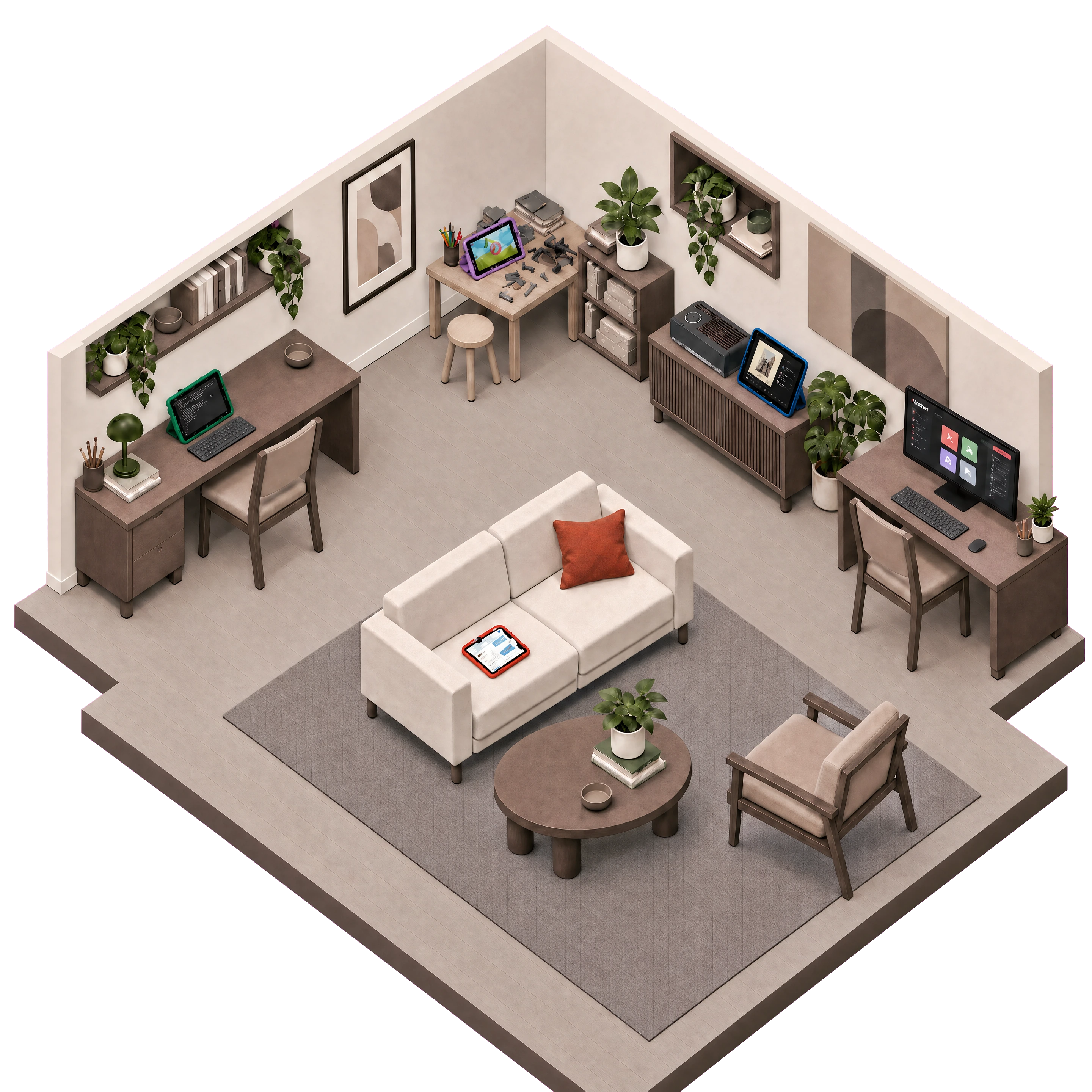 An isometric living room with four coloured tablets for music, messages, creativity and writing, plus a desktop computer running Mother.